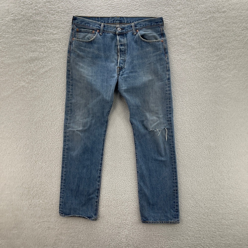 Levis 501 Jeans Mens 36x32 Blue Original Straight Button Fly Distressed Denim